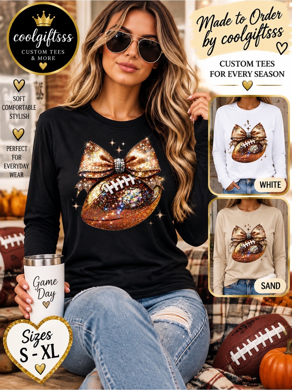 Football Graphic Tee | Sparkle Bow Game Day Shirt | Women’s S–XL | Black, White